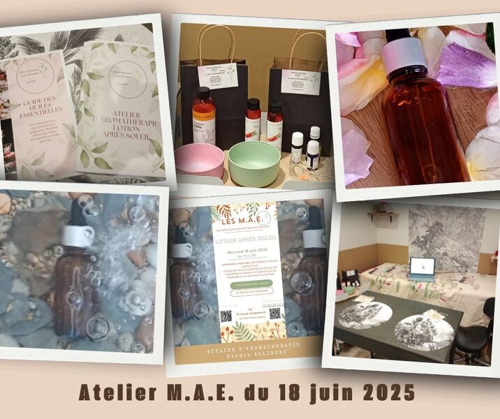 Affiche atelier d'aromathérapie sur la préparation d'une lotion après soleil avec des huiles essenteilles avec Elodie ALLIBERT, conseillère en aromthérapie à Saint-Etienne