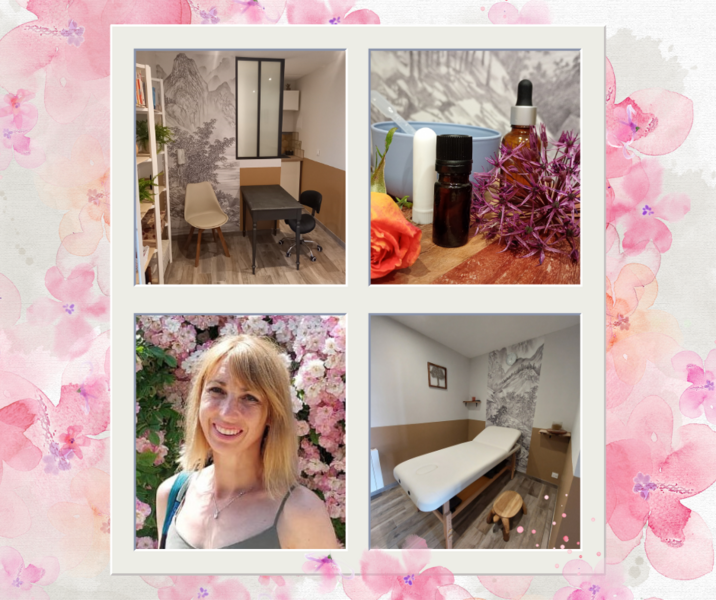 Voici un montage photo de présentation du cabinet de réflexologie plantaire et de conseils en aromathérapie sur Saint-Etienne: deux photos du cabinet, une photos de flacon d'huiles essentielles et Elodie ALLIBERT, réflexologue et conseillère en aromathérapie qui vous accueil pour des accompagnement en réflexologie plantaire ainsi que pour des ateliers d'aromathérapie avec douceur, écoute et bien-veillance.