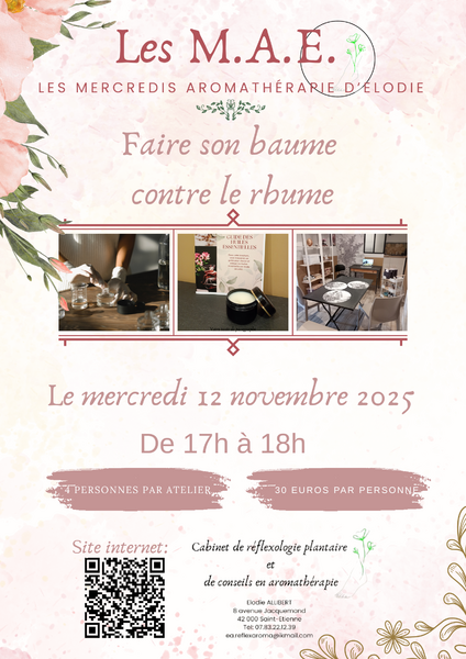 Atelier d'aromathérapie les M.A.E. le 12 novembre 2025 Elodie ALLIBERT cabinet de réflexologie plantaire et de conseils en aromathérapie 42