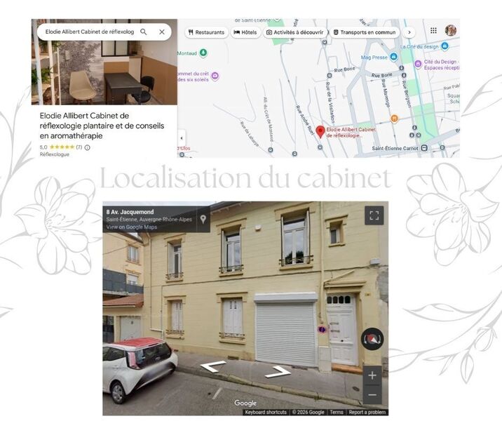 Image montrant la photo de la facade de l'immeuble où se trouve le cabinet de réflexologie plantaire et de conseils en aromathérapie ainsi qui sa géolocalisation sur google.
