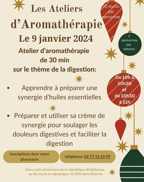Affiche de présentation d'un atelier d'aromathérapie réalisé avec la pharmacie de la république à Saint-Etienne sur le thème de la digestion avec le cabinet de réflexologie plantaire et de conseils en aromathérapie.