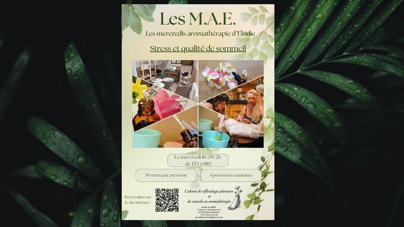 affiche atelier d'aromathérapie sur Saint-Etienne avec Elodie ALLIBERT conseillère en aromathérapie, pour apprendre à utiliser les huiles essentielles et préparer des synergies.