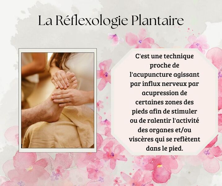 Montage photo representant un accompagnement en réflexologie plantaire et un encart sur la présentation du mécanisme d'action de la réflexologie plantaire fait par Elodie ALLIBERT réflexologue et conseillère en aromathérapie sur Saint-Etienne.