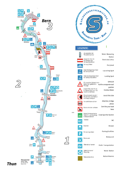 Die Aarekarte, für Sicherheit und Orientierung. Auch die Sicherheitsinstruktionen bei der Schlauchbootvermietung sind sehr wichtig!