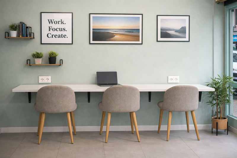 Tres puestos de coworking con enchufes individuales, ideales para trabajar con concentración.