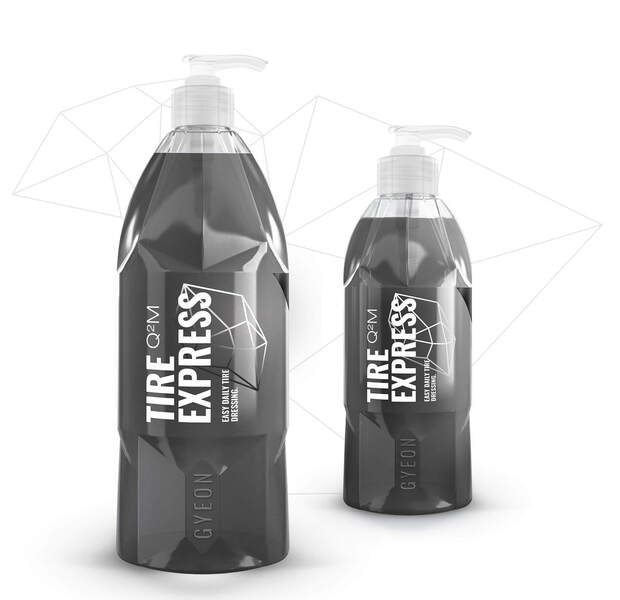 Q²M Tire Express procure un effet visuel très profond, naturel et matte. Il crée une couche auto-nettoyante répulsive qui aide à garder le pneu propre et ne diminue pas même pendant une longue route par temps pluvieux.